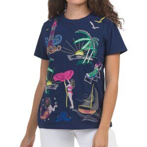 NEW JOHNNY WAS Travel Embroidered Crew Neck Tee navy for women 253